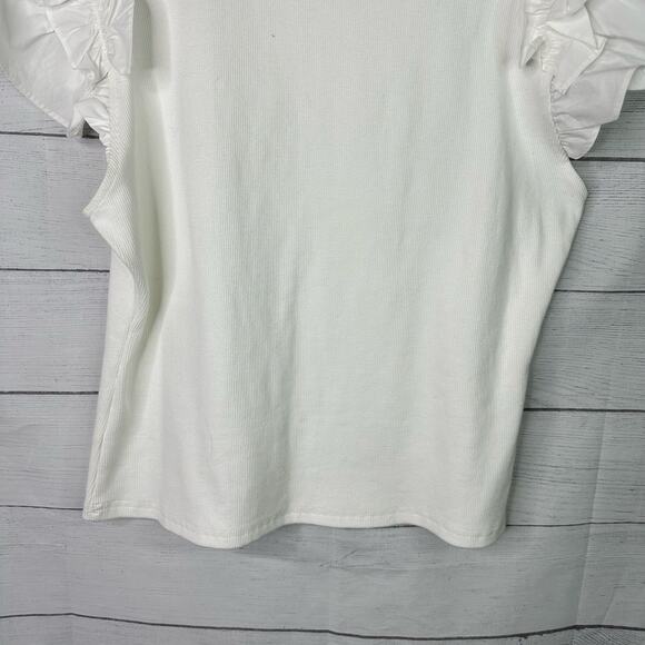 Anthropologie Womens size Large Ruffle Short Sleeve Ribbed Top White - Picture 6 of 8